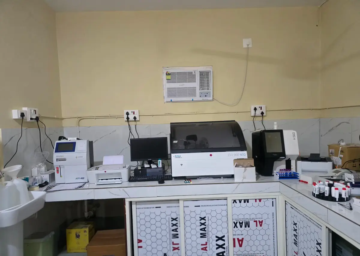 Close view of the Erba EM 200 NEO biochemistry analyser and H 560 haematology analyser